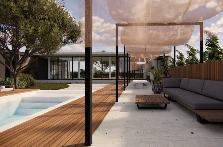 New development garden design: hotel garden, courtyard, swimming pool, pergola